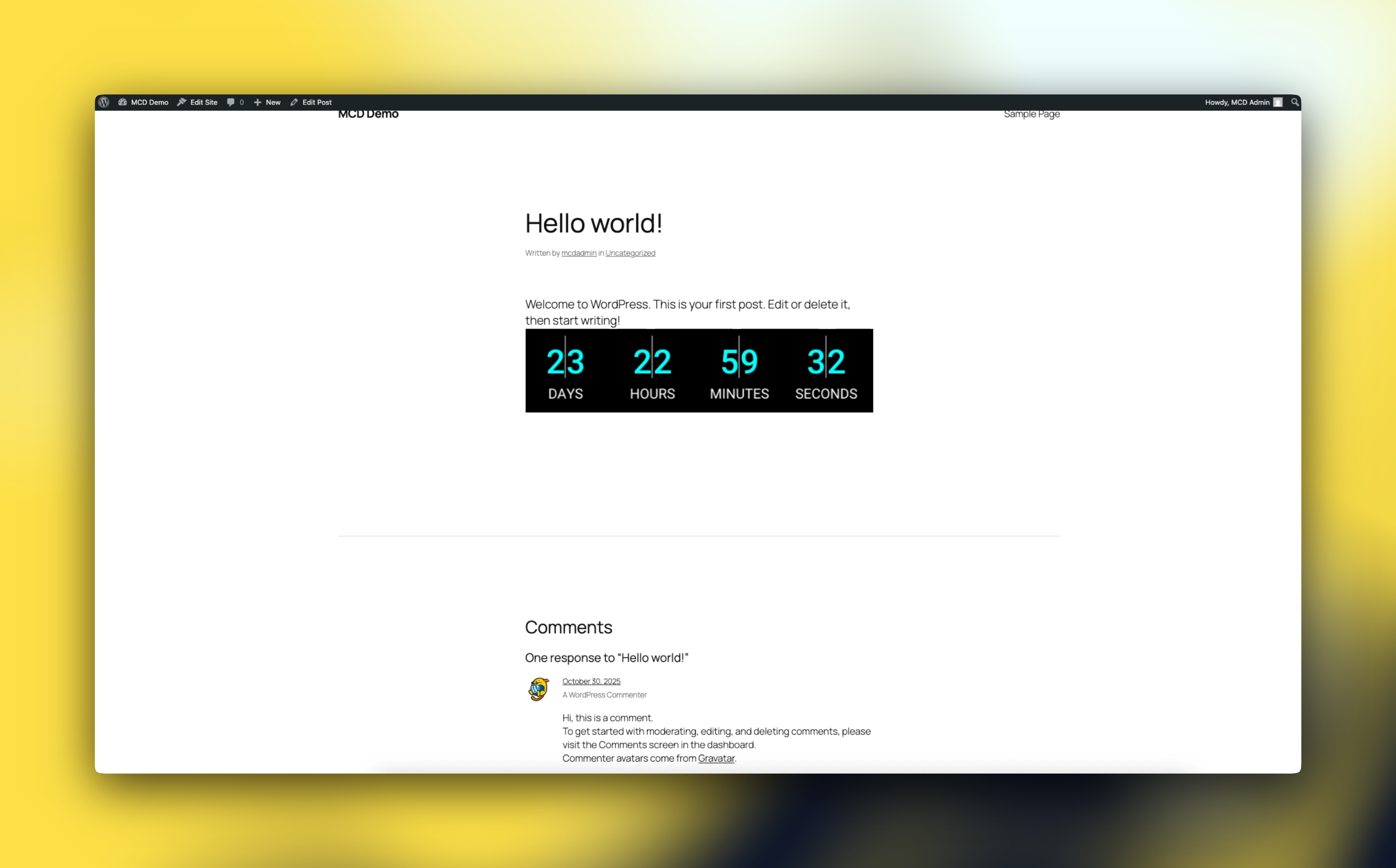 Countdown Preview on 'Hello World' Blog Post